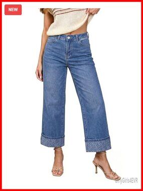 Wide Leg Cropped High Waisted Stretch Denim Jeans Fold Hem